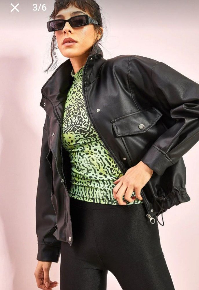 Kadın Siyah Deri Kemerli Ceket - Görsel 3