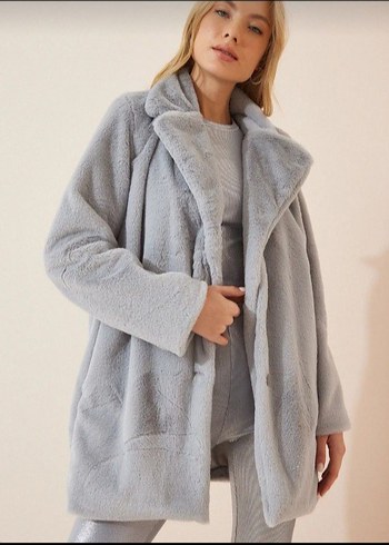 Gri Midi Boy Kürklü Kadın Kaban - Görsel 4