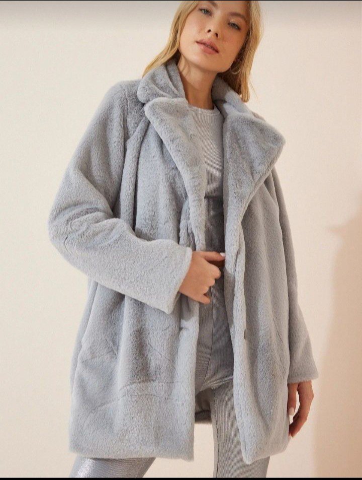 Gri Midi Boy Kürklü Kadın Kaban - Görsel 4