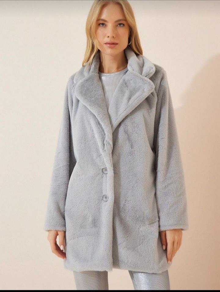 Gri Midi Boy Kürklü Kadın Kaban - Görsel 3