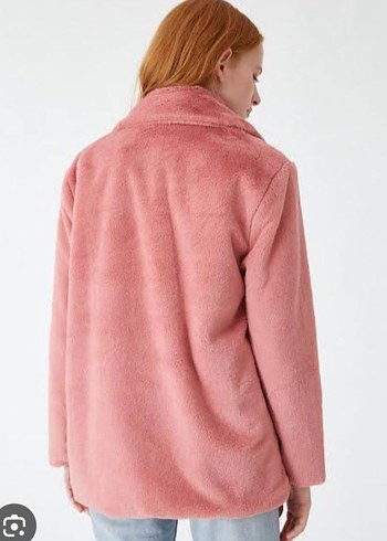 Pembe Yüksek Yakalı Kadın Peluş Ceket - Görsel 3