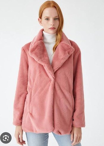 Pembe Yüksek Yakalı Kadın Peluş Ceket - Görsel 2