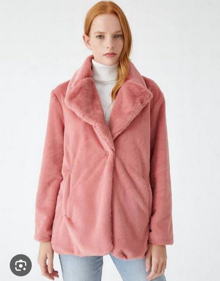 Pembe Yüksek Yakalı Kadın Peluş Ceket - Görsel 2