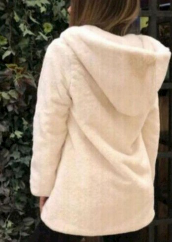 Beyaz Kapüşonlu Kürklü Kadın Kışlık Mont - Görsel 2