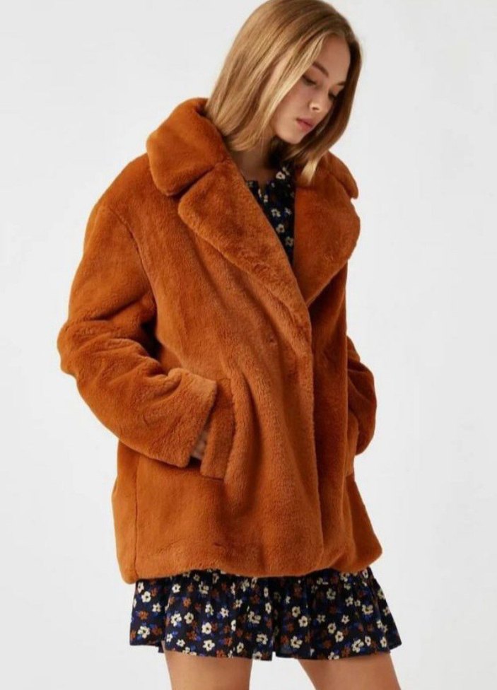 Kahverengi Kadın Peluş Midi Mont - Görsel 2