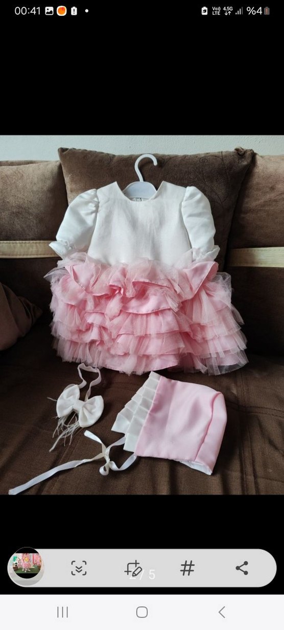 Pembe Kat Kat Fırfırlı Kapüşonlu Elbise +taç+şapka - Görsel 3