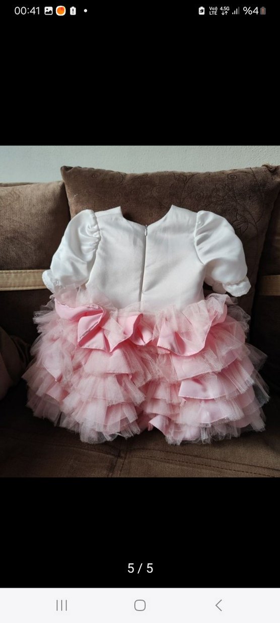 Pembe Kat Kat Fırfırlı Kapüşonlu Elbise +taç+şapka - Görsel 5