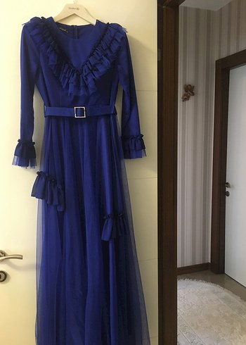 Uzun Kollu Lacivert Fırfırlı Vintage Elbise