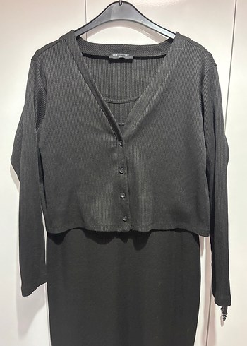 Düğmeli Siyah V Yaka Uzun Kollu Triko Elbise - Görsel 3