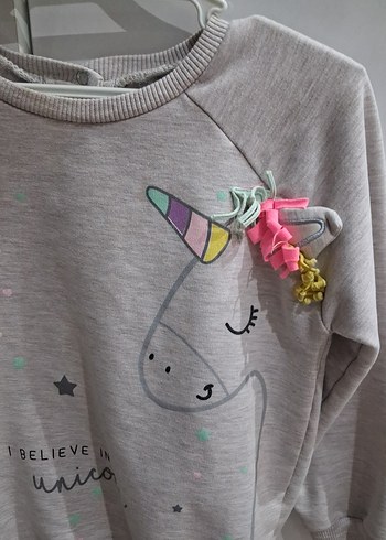 Kız Çocuk Gri Uzun Kollu Unicorn Baskılı Sweatshirt - Görsel 3