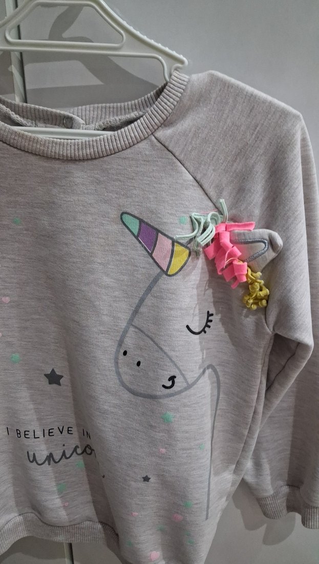 Kız Çocuk Gri Uzun Kollu Unicorn Baskılı Sweatshirt - Görsel 3