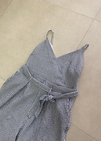 l Beden gri Renk Kadın mavi beyaz çizgili Askılı Midi Denim Tulum