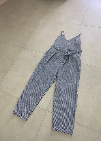 Kadın mavi beyaz çizgili Askılı Midi Denim Tulum