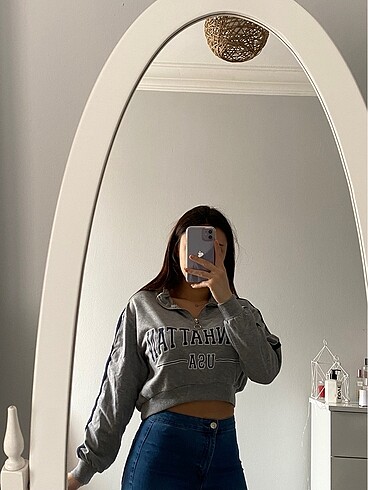 s Beden Gri uzun kollu crop sweatshirt