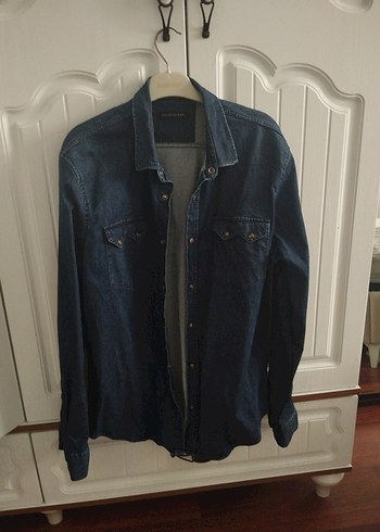 Düğmeli Koyu Mavi Denim Erkek Gömlek