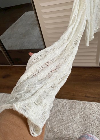 Beyaz Örgü Bohem Kadın Kazak - Görsel 5