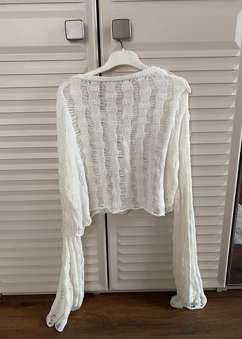 Beyaz Örgü Bohem Kadın Kazak - Görsel 4