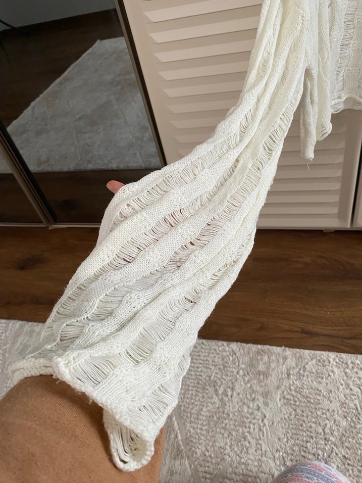 Beyaz Örgü Bohem Kadın Kazak - Görsel 5