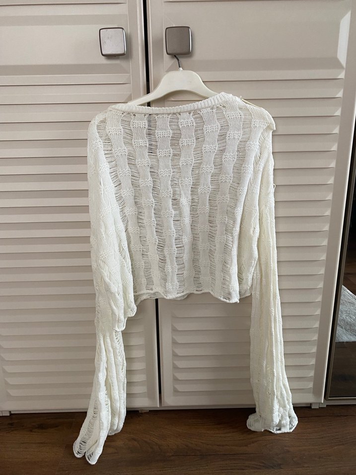 Beyaz Örgü Bohem Kadın Kazak - Görsel 4