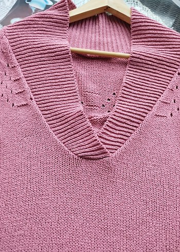 Pembe V Yaka Uzun Örme Kadın Kazak - Görsel 5