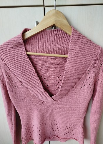 Pembe V Yaka Uzun Örme Kadın Kazak - Görsel 2