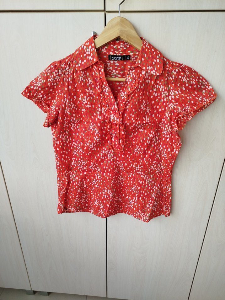 Nar çiçeği Düğmeli Kısa Kollu Kadın Gömlek - Görsel 2