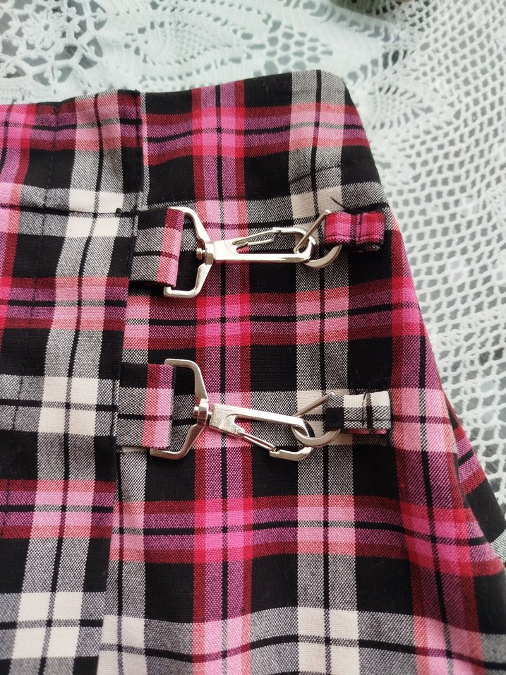 Pembe Ekoseli Kemerli Mini Şort Etek - Görsel 5