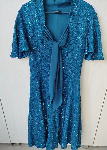 Parlak Mavi Drapeli V Yaka Midi Abiye Elbise - Görsel 2