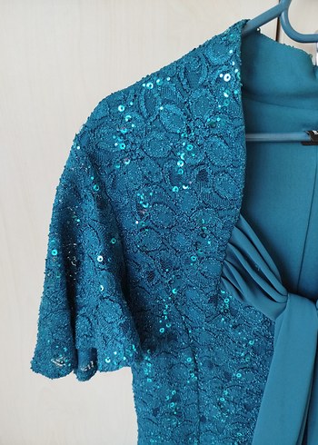 Parlak Mavi Drapeli V Yaka Midi Abiye Elbise - Görsel 3