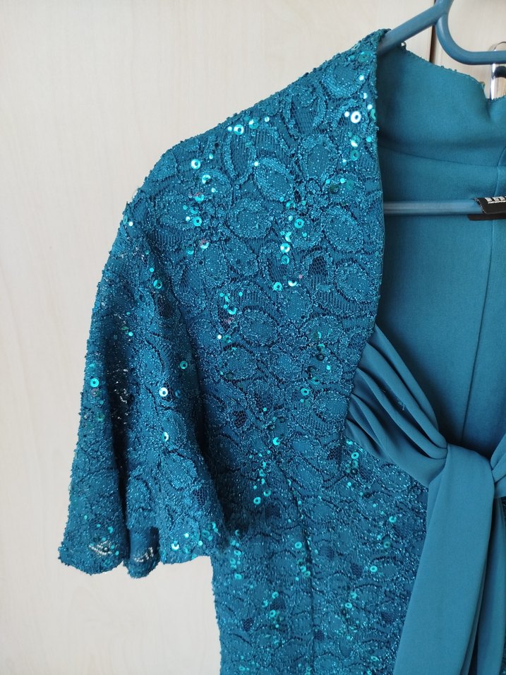 Parlak Mavi Drapeli V Yaka Midi Abiye Elbise - Görsel 3