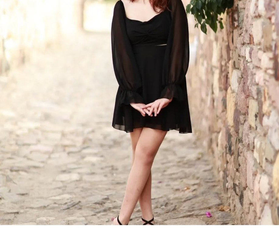 Siyah V Yaka Mini Gotik Elbise - Görsel 2