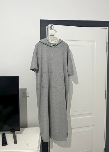 l Beden gri Renk Gri Oversize Kapüşonlu Kadın Elbise
