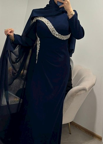 Parlak Mavi Uzun Kollu Drapeli Abiye Elbise - Görsel 2