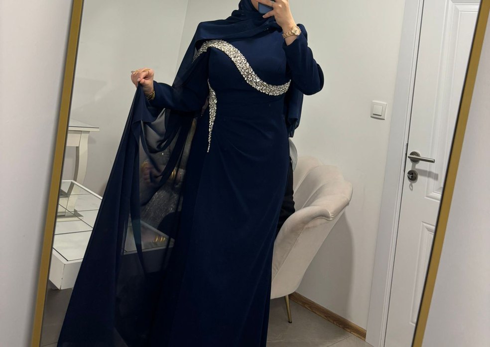 Parlak Mavi Uzun Kollu Drapeli Abiye Elbise - Görsel 2