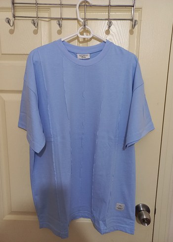 Mavi Keten Erkek Tişört, Kısa Kollu, Salaş Kesim - Görsel 5