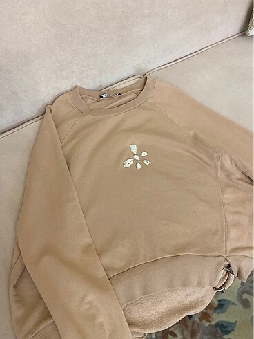s Beden camel Renk Önü Taş Detaylı Sweatshirt