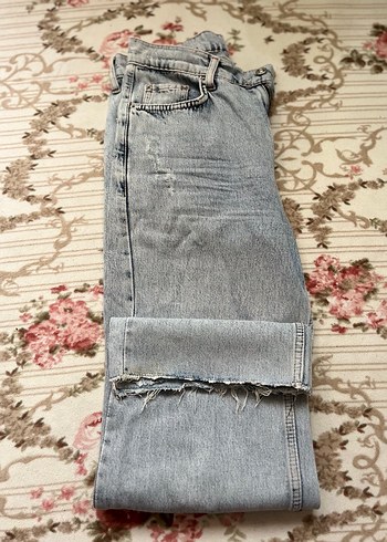 Düğmeli Gri Kadın Midi Boy Bol Kesim Kot Pantolon