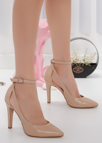 Bej Deri Stiletto Topuklu Kadın Ayakkabı