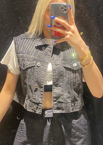 Düğmeli Kolsuz Denim Yelek