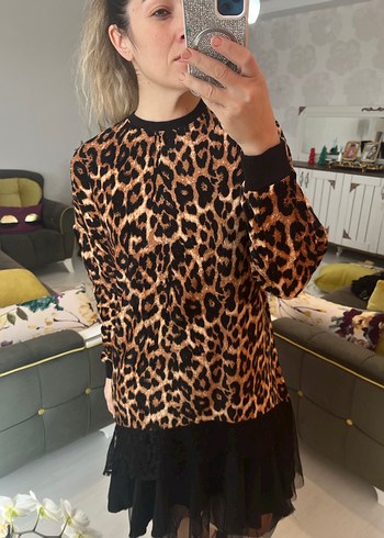 Kahverengi Leopar Desenli Uzun Kollu Mini Elbise - Görsel 3