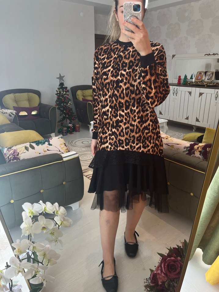 Kahverengi Leopar Desenli Uzun Kollu Mini Elbise - Görsel 2