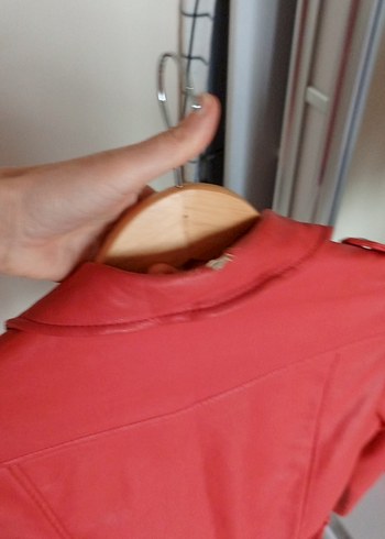 Kırmızı Deri Kadın Biker Ceket - Görsel 5