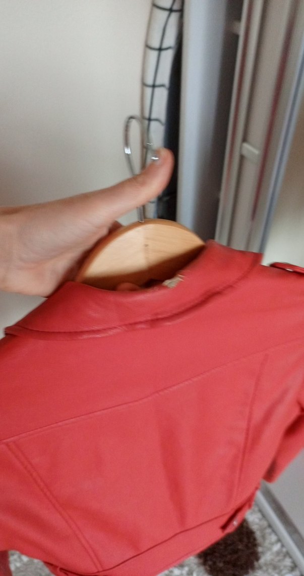 Kırmızı Deri Kadın Biker Ceket - Görsel 5