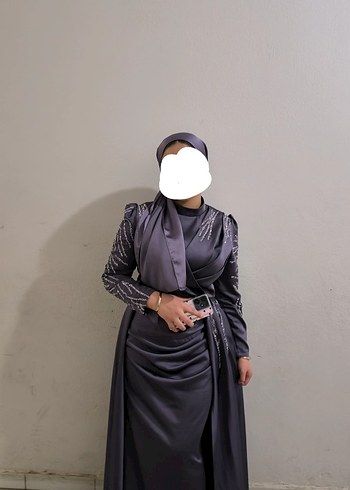 Uzun Kollu Drapeli Mor Abiye Elbise - Görsel 2