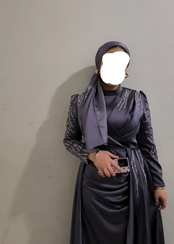 Uzun Kollu Drapeli Mor Abiye Elbise - Görsel 3