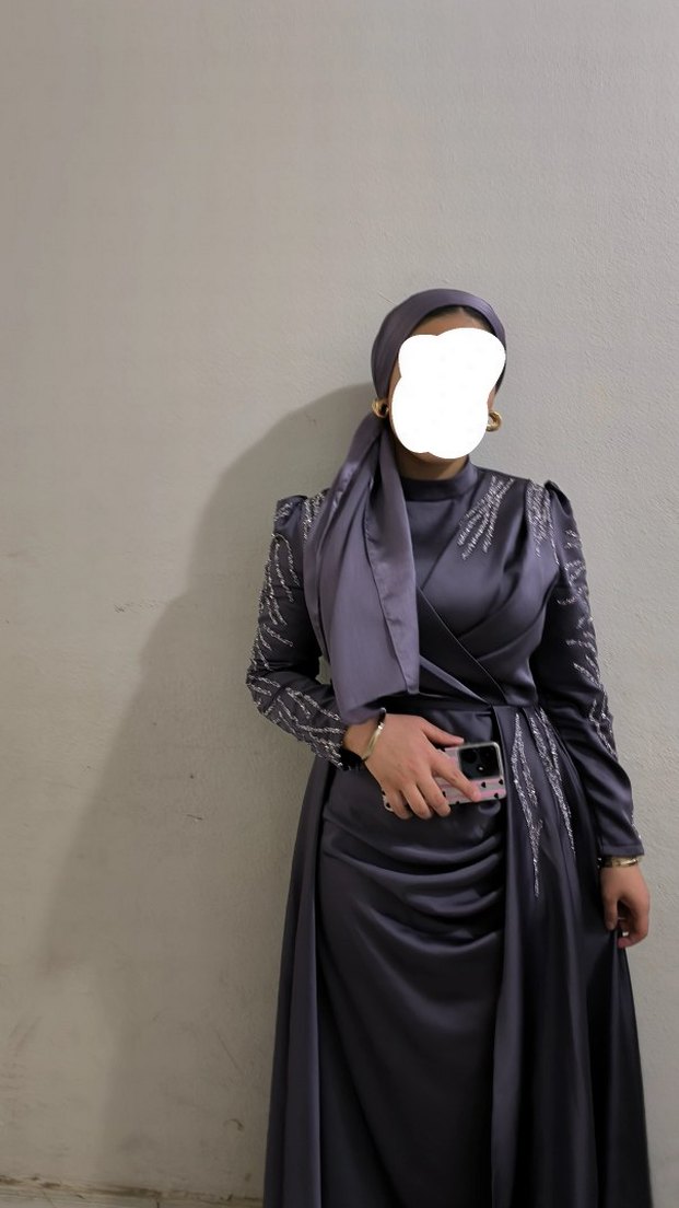 Uzun Kollu Drapeli Mor Abiye Elbise - Görsel 3