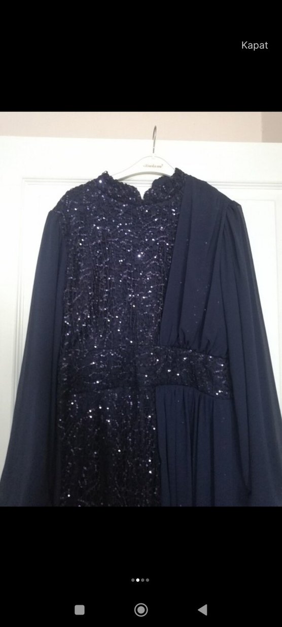 Uzun Lacivert Drapeli Kadın Abiye Elbise - Görsel 2