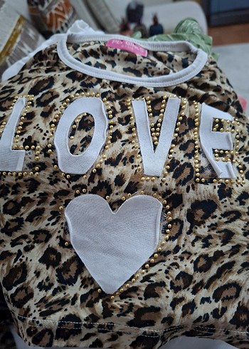 Kız Çocuk Leopar Desenli Dantelli Tayt Crop Takım - Görsel 2