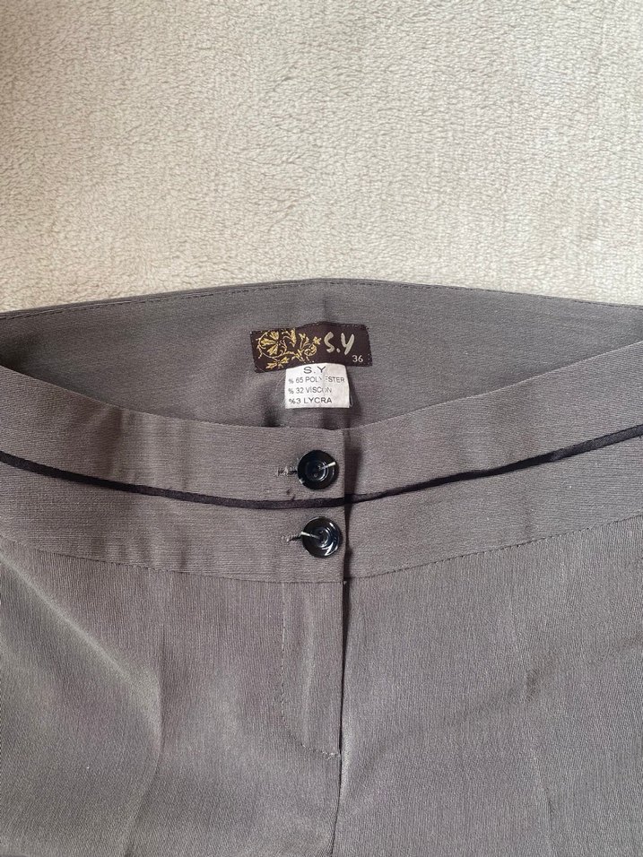 Düğmeli Gri Kadın Kumaş Pantolon - Görsel 5