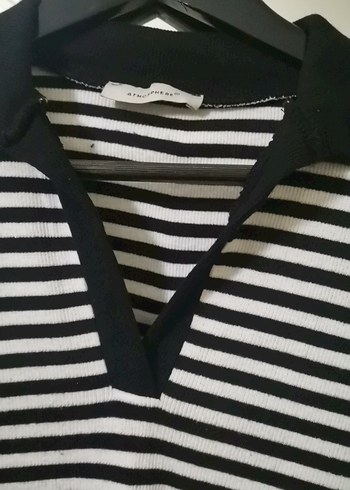 Düğmeli Siyah Beyaz Çizgili Kadın Gömlek - Görsel 2